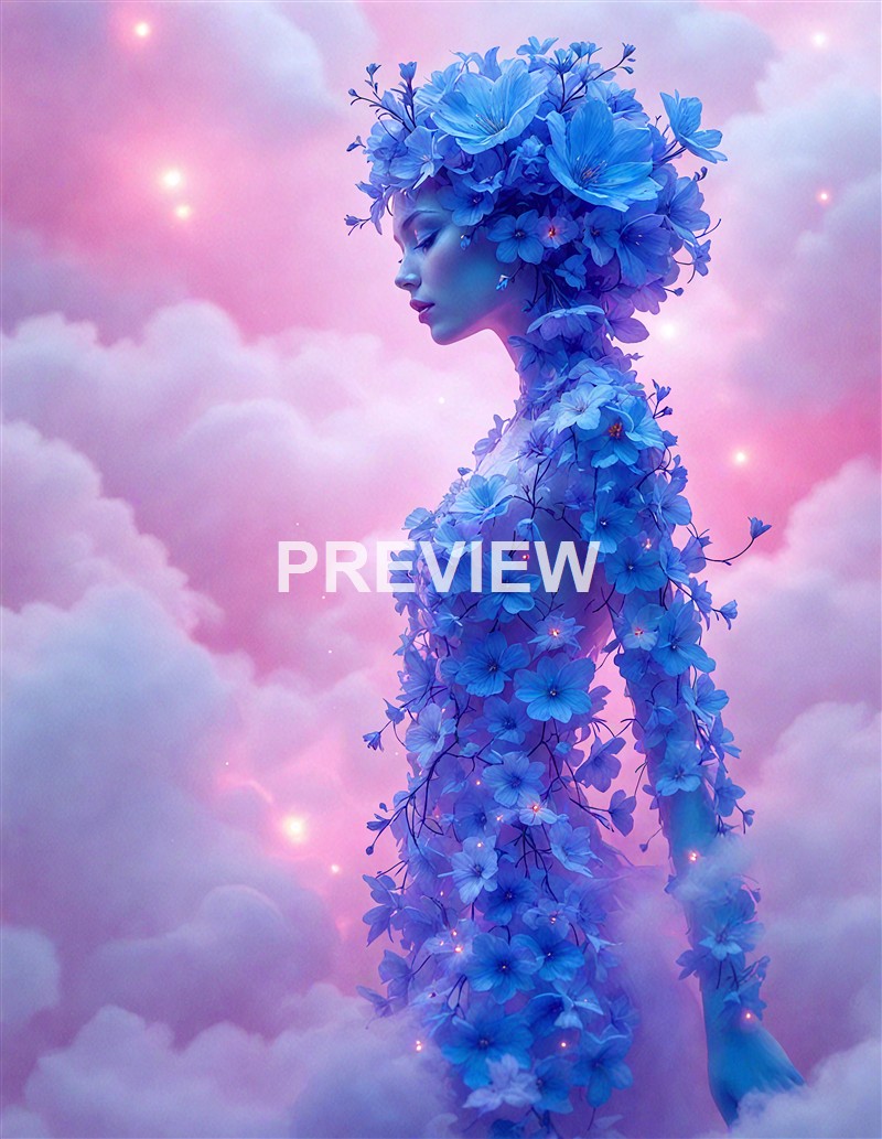 A surreal digital artwork depicting a woman with her body and hair made of blue flowers, set against a dreamy pink and purple cloudy sky with glowing orbs.
